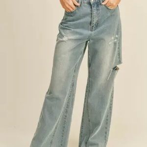 Wide Leg Distressed Blue Jeans